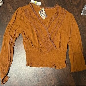 Brown Smocked v-neck